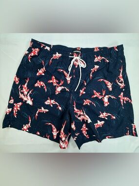 Express Men's Navy Swim Trunks with Red & White Koi Print